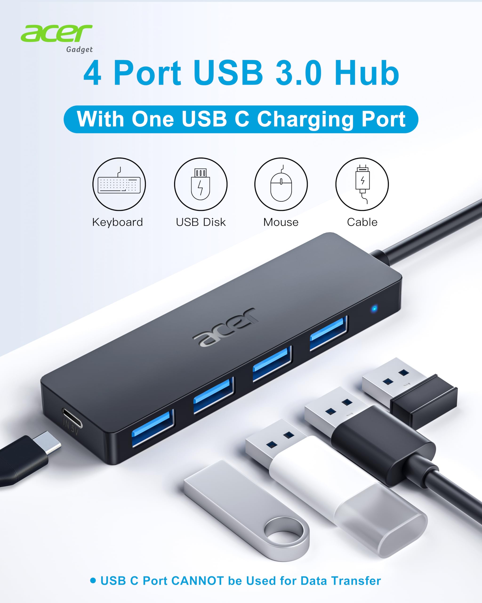 Foto 3 pulgar | Hub Usb Acer De 4 Puertos Usb 3.0 Con Puerto De Alimentación Usb C, Cable De 2 Pies - Venta Internacional.