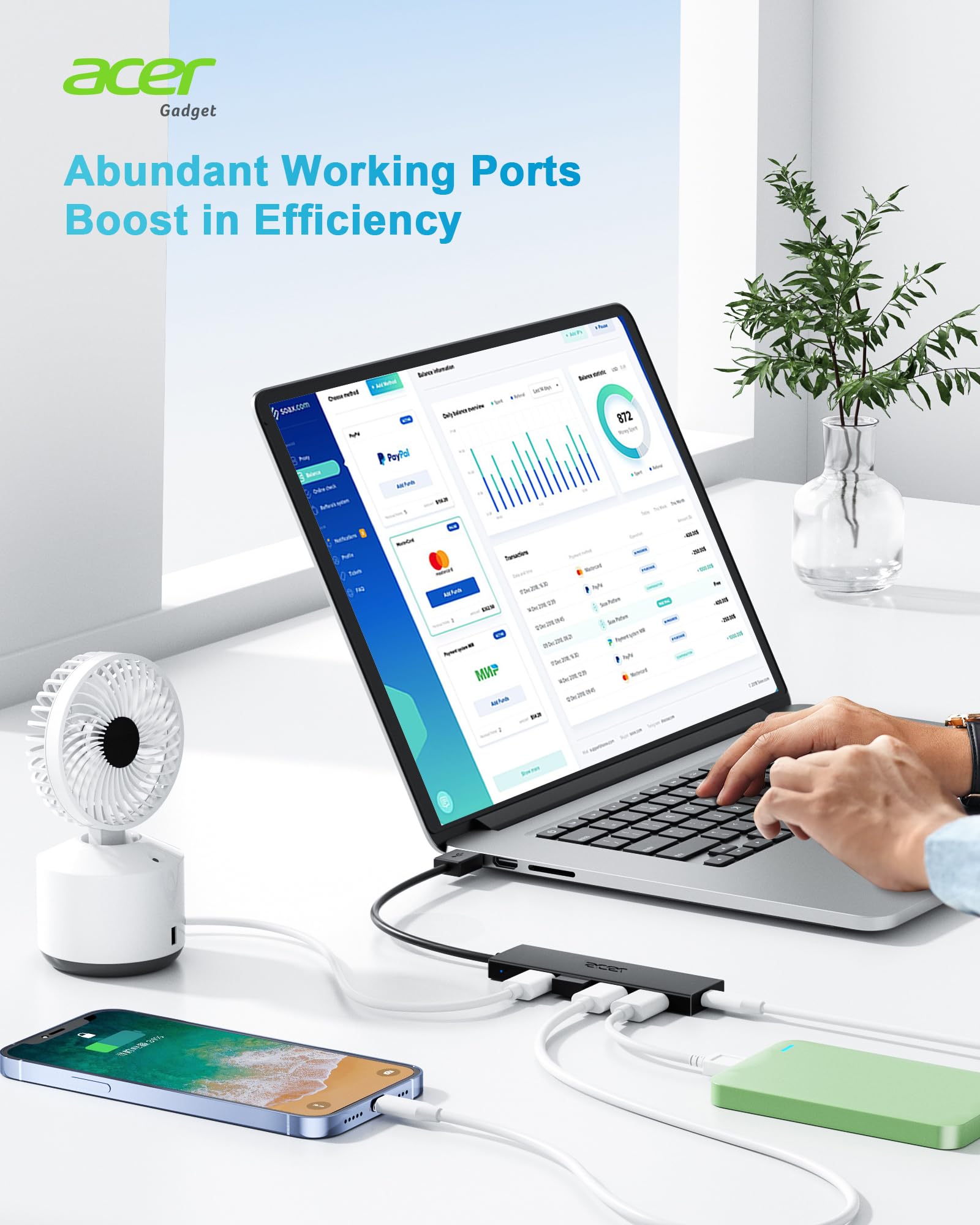 Foto 5 | Hub Usb Acer De 4 Puertos Usb 3.0 Con Puerto De Alimentación Tipo C Para Portátil - Venta Internacional.