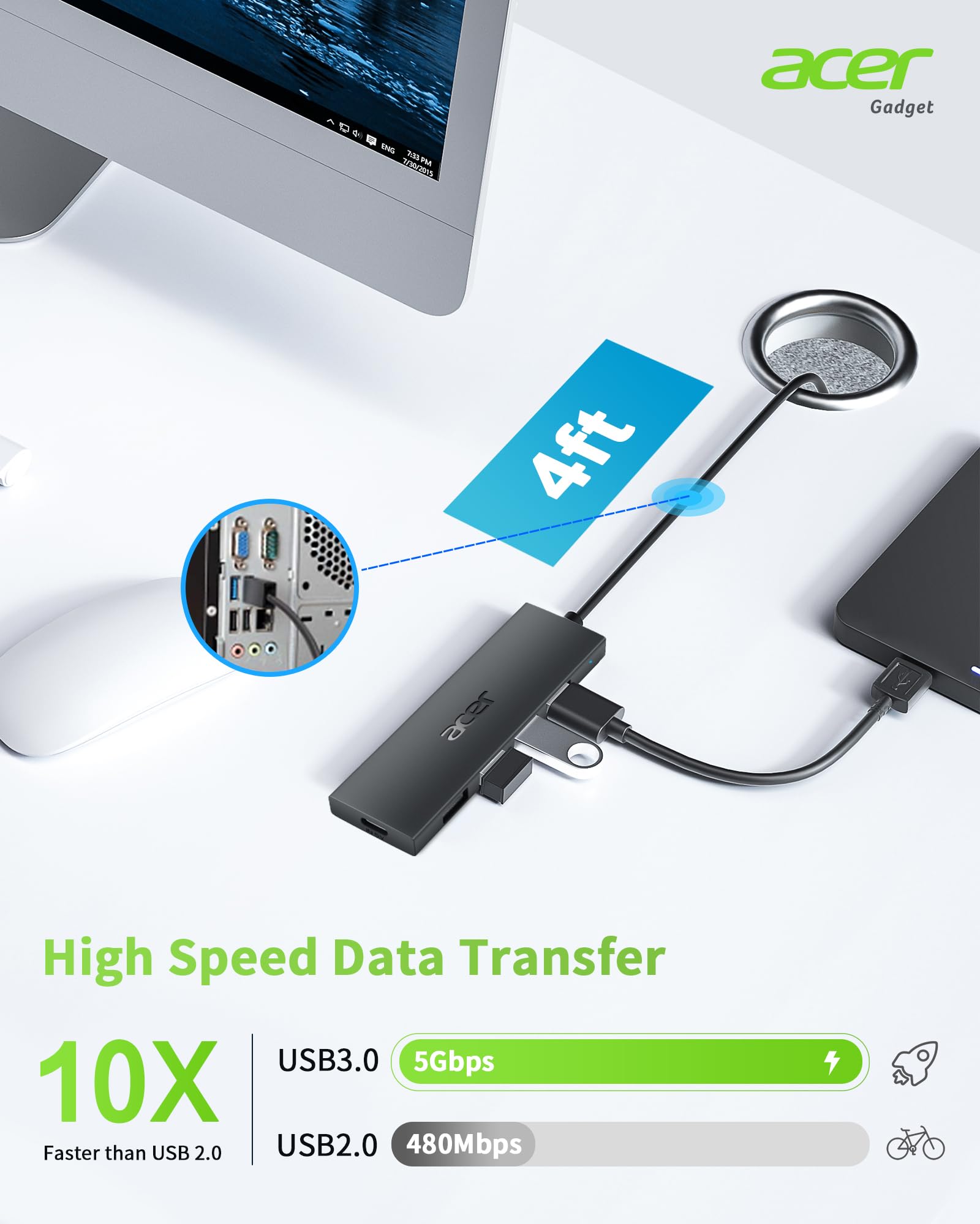 Foto 3 | Hub Usb Acer De 4 Puertos Usb 3.0 Con Puerto De Alimentación Tipo C Para Portátil - Venta Internacional.