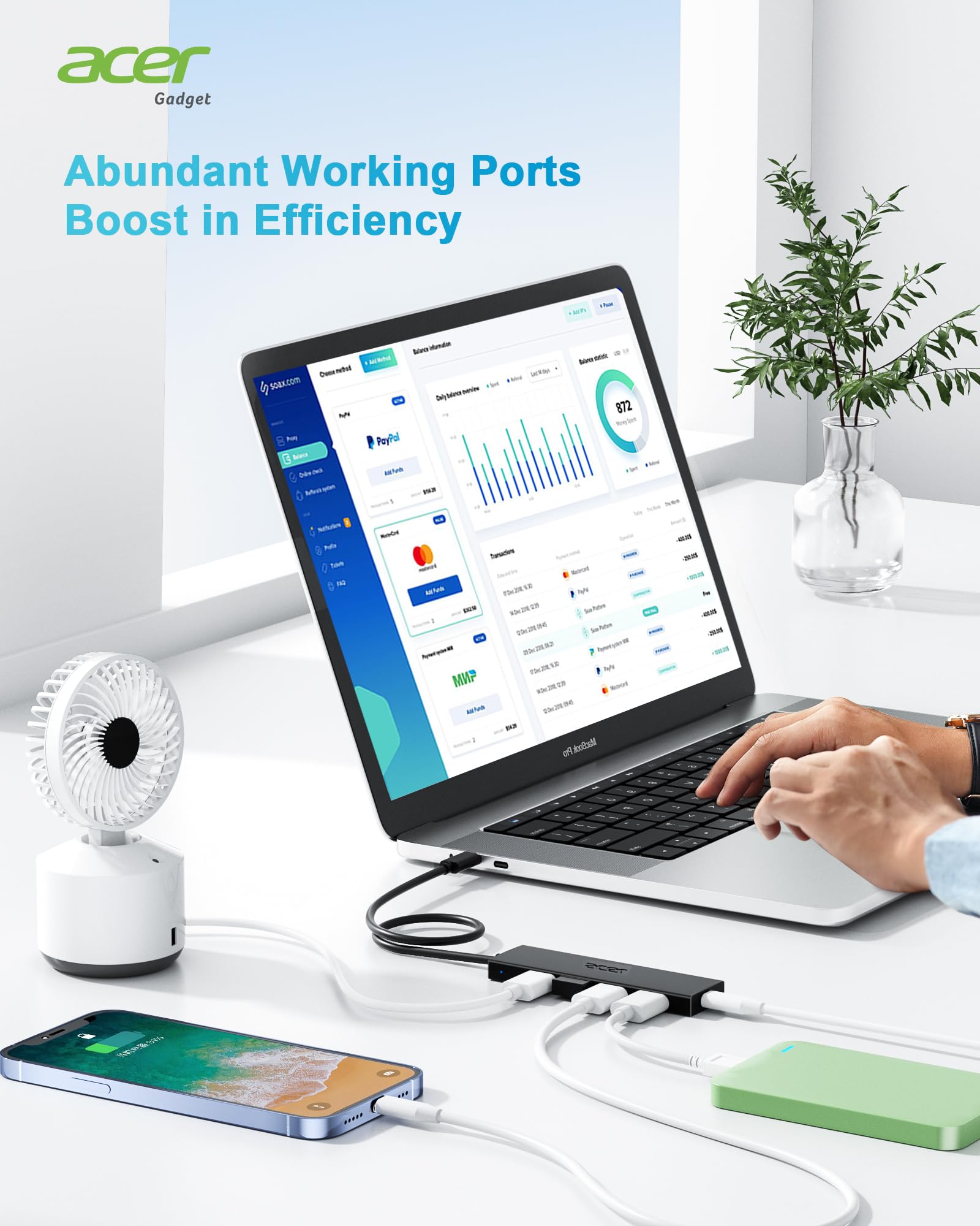 Foto 5 | Hub Usb C Acer De 4 Puertos Usb 3.0 Con Puerto De Alimentación Tipo C, Cable De 2 Pies - Venta Internacional.
