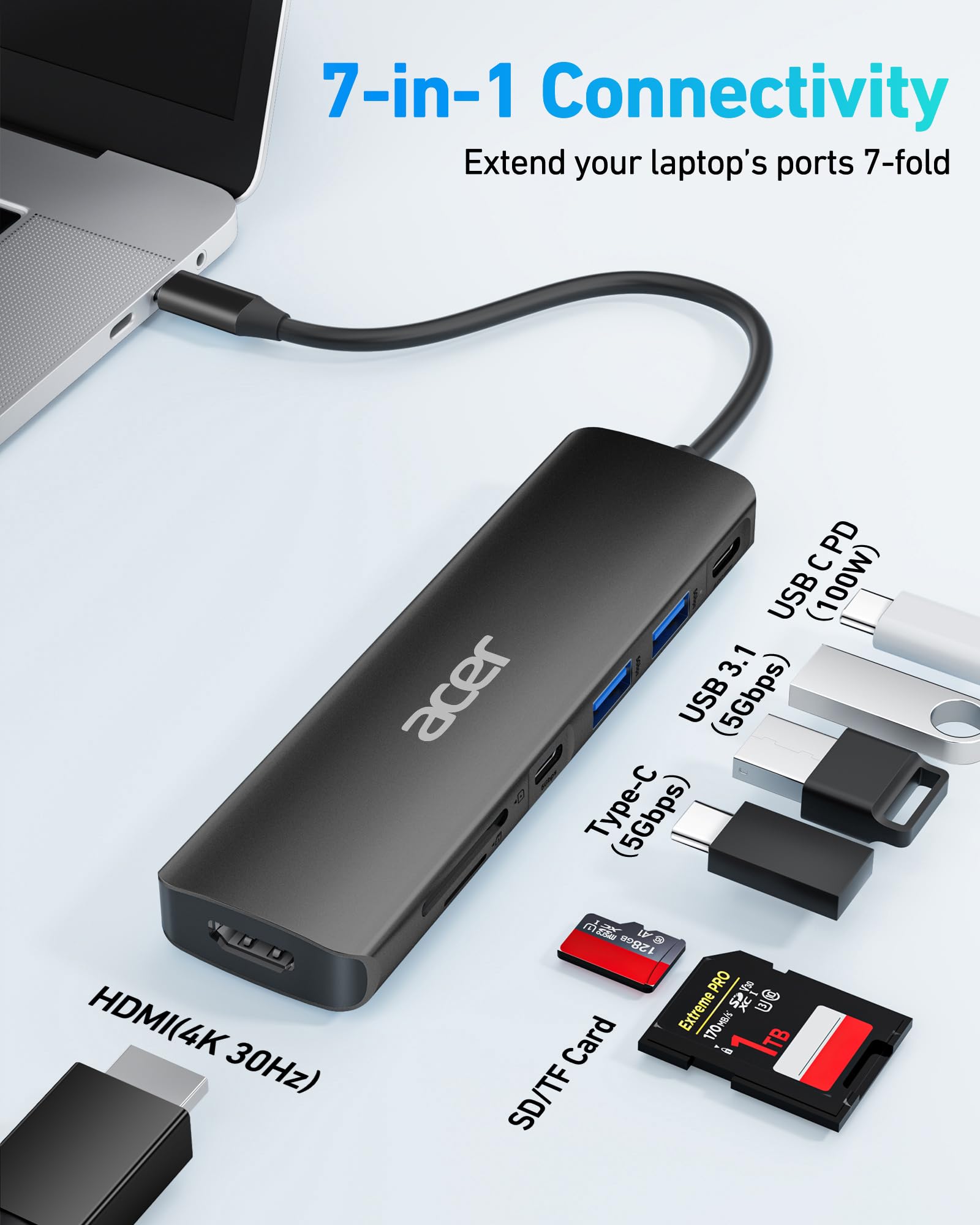 Foto 3 pulgar | Hub Usb C Acer 7-en-1 Usb-c A Hdmi 4k Pd 100w Negro - Venta Internacional.