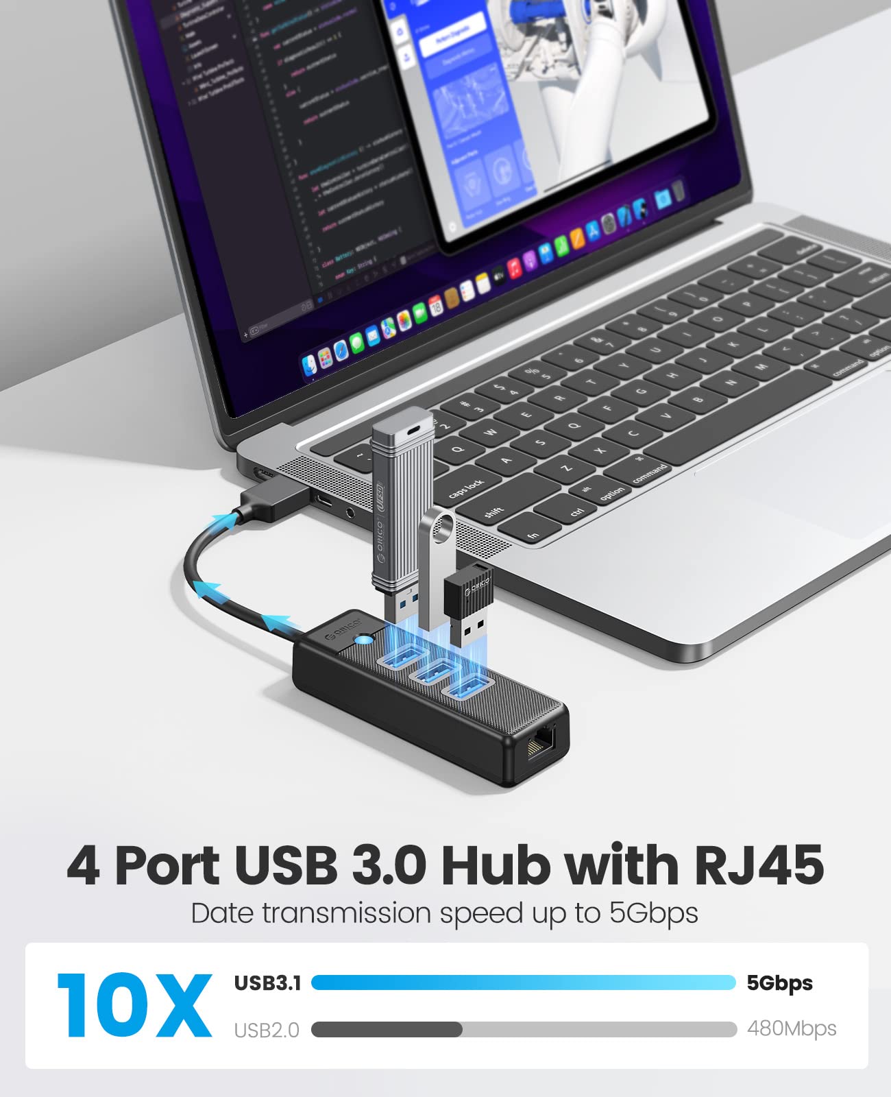 Foto 3 pulgar | Adaptador Usb 3.0 A Ethernet Hub 4 En 1 Orico Con Cable Negro - Venta Internacional.