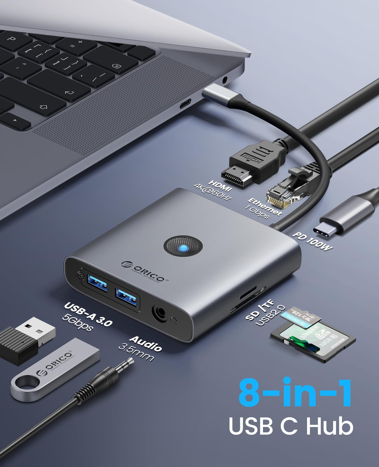 Foto 2 | Estación De Acoplamiento Usb C Orico 8 En 1 Con 4k Hdmi 100w Pd - Venta Internacional.