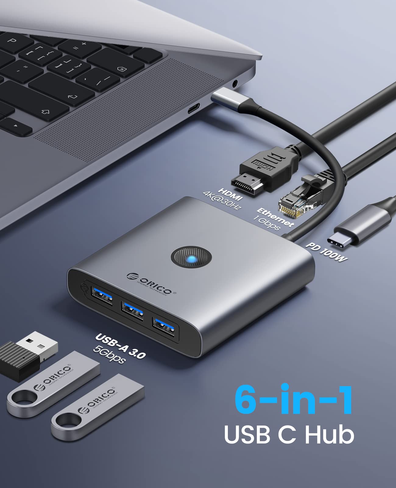 Foto 2 | Estación De Acoplamiento Usb C Orico 6 En 1 Con Hdmi 4k 3 Usb-a 3.0 - Venta Internacional.