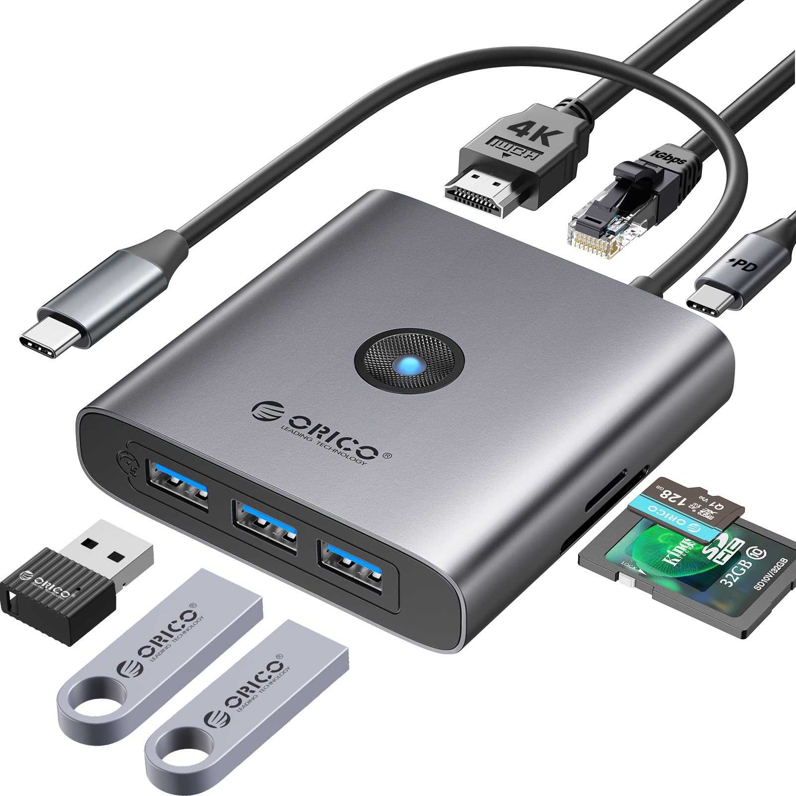 Estación De Acoplamiento Usb C Orico 8 En 1 Con Tarjeta Hdmi 4k, Sd Y Tf - Venta Internacional.