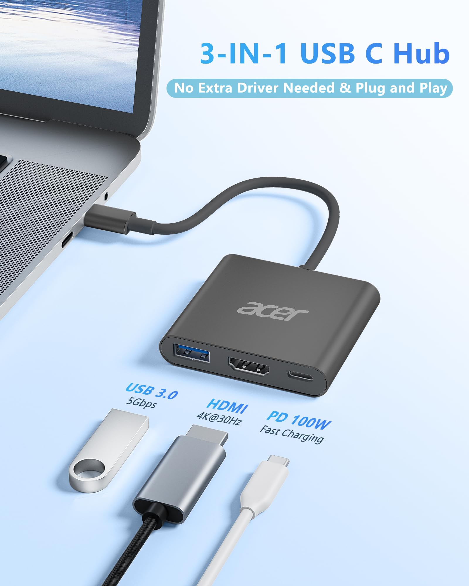 Foto 2 | Hub Usb C Acer 3 En 1 Usb C A Hdmi Con Usb 3.0 Pd De 5 Gbps De 100 W - Venta Internacional.