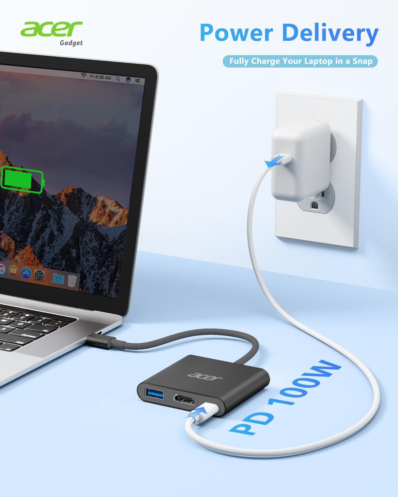 Foto 3 | Hub Usb C Acer 3 En 1 Usb C A Hdmi Con Usb 3.0 Pd De 5 Gbps De 100 W - Venta Internacional.