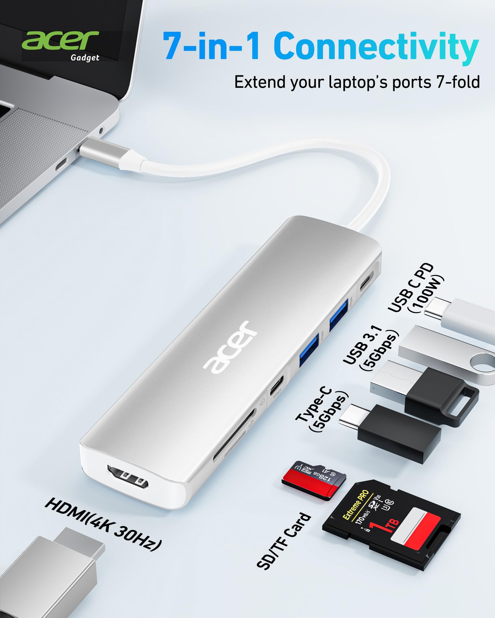 Foto 2 | Base Usb C Acer 7 En 1 Con Hdmi 4k, 2 Usb 3.1, Pd De 100 W, Color Plateado - Venta Internacional.