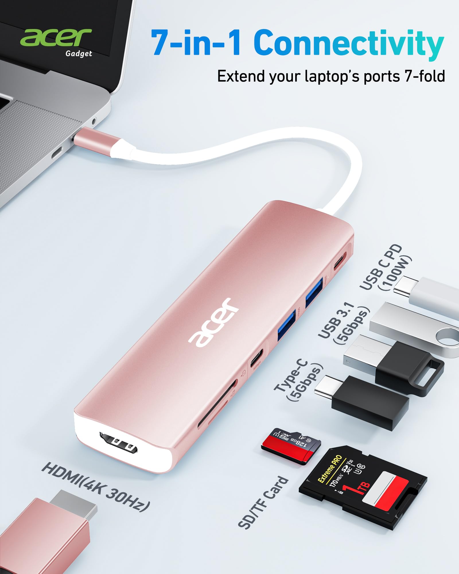 Foto 2 | Adaptador Usb Hub Acer 7 En 1 Usb C A Hdmi 4k Con Pd De 100 W, Color Rosa - Venta Internacional.