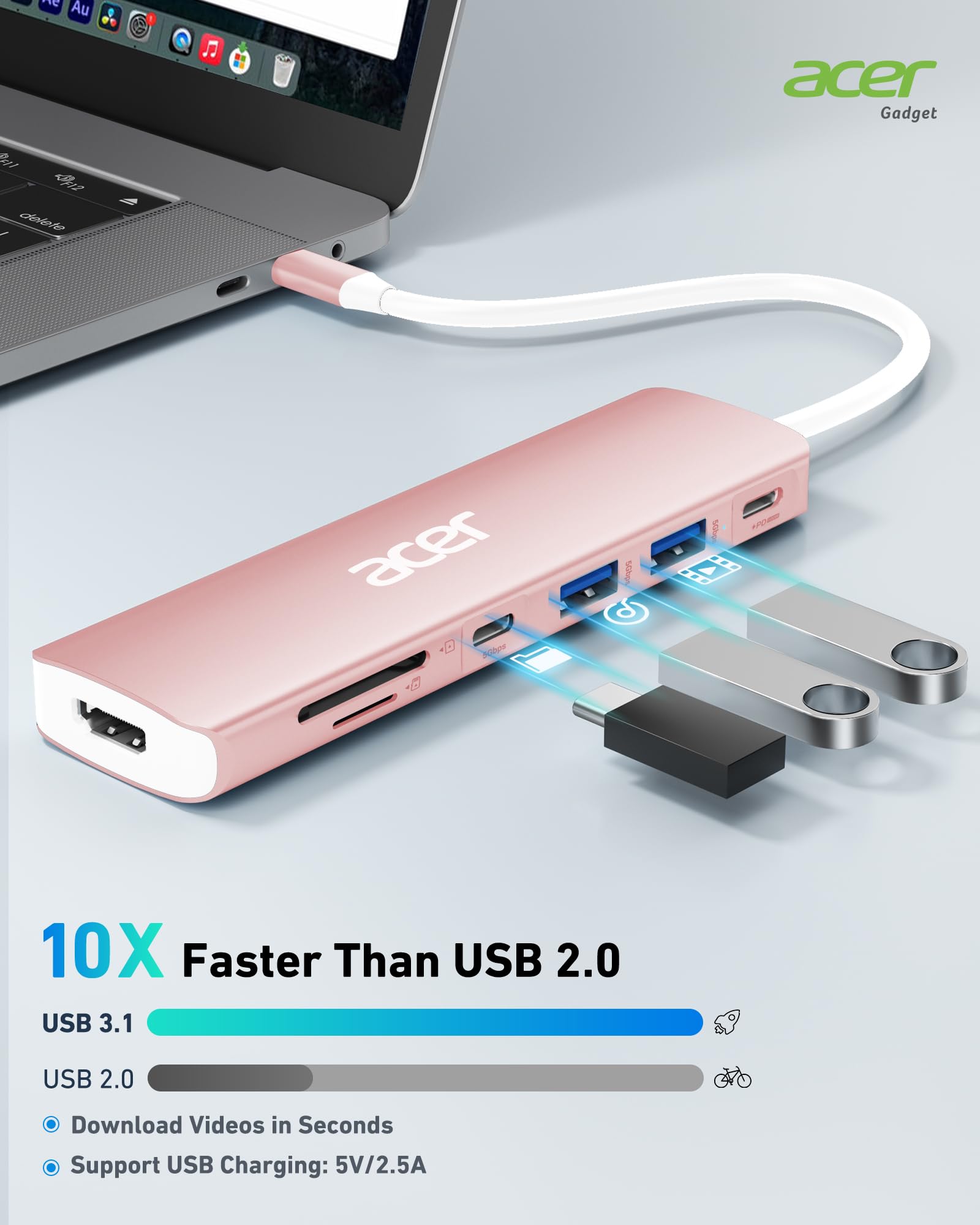 Foto 4 | Adaptador Usb Hub Acer 7 En 1 Usb C A Hdmi 4k Con Pd De 100 W, Color Rosa - Venta Internacional.