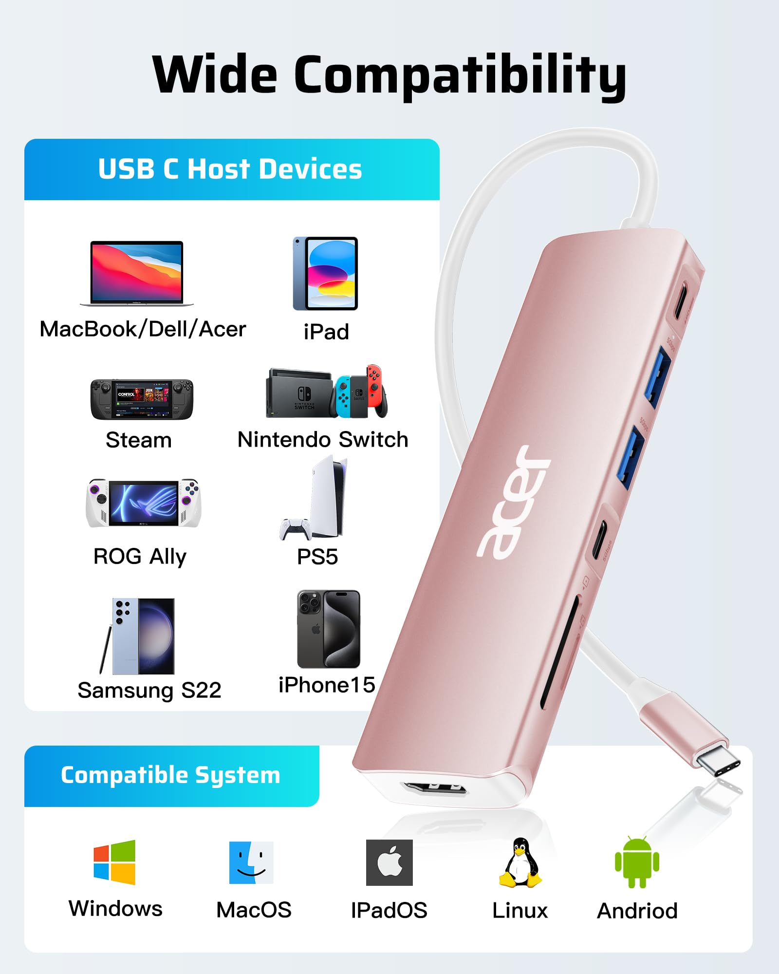 Foto 6 | Adaptador Usb Hub Acer 7 En 1 Usb C A Hdmi 4k Con Pd De 100 W, Color Rosa - Venta Internacional.