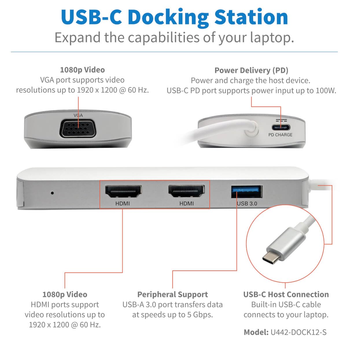 Foto 3 pulgar | Estación De Acoplamiento Tripp Lite U442-dock12-s Usb-c Con Hub Usb-a - Venta Internacional.