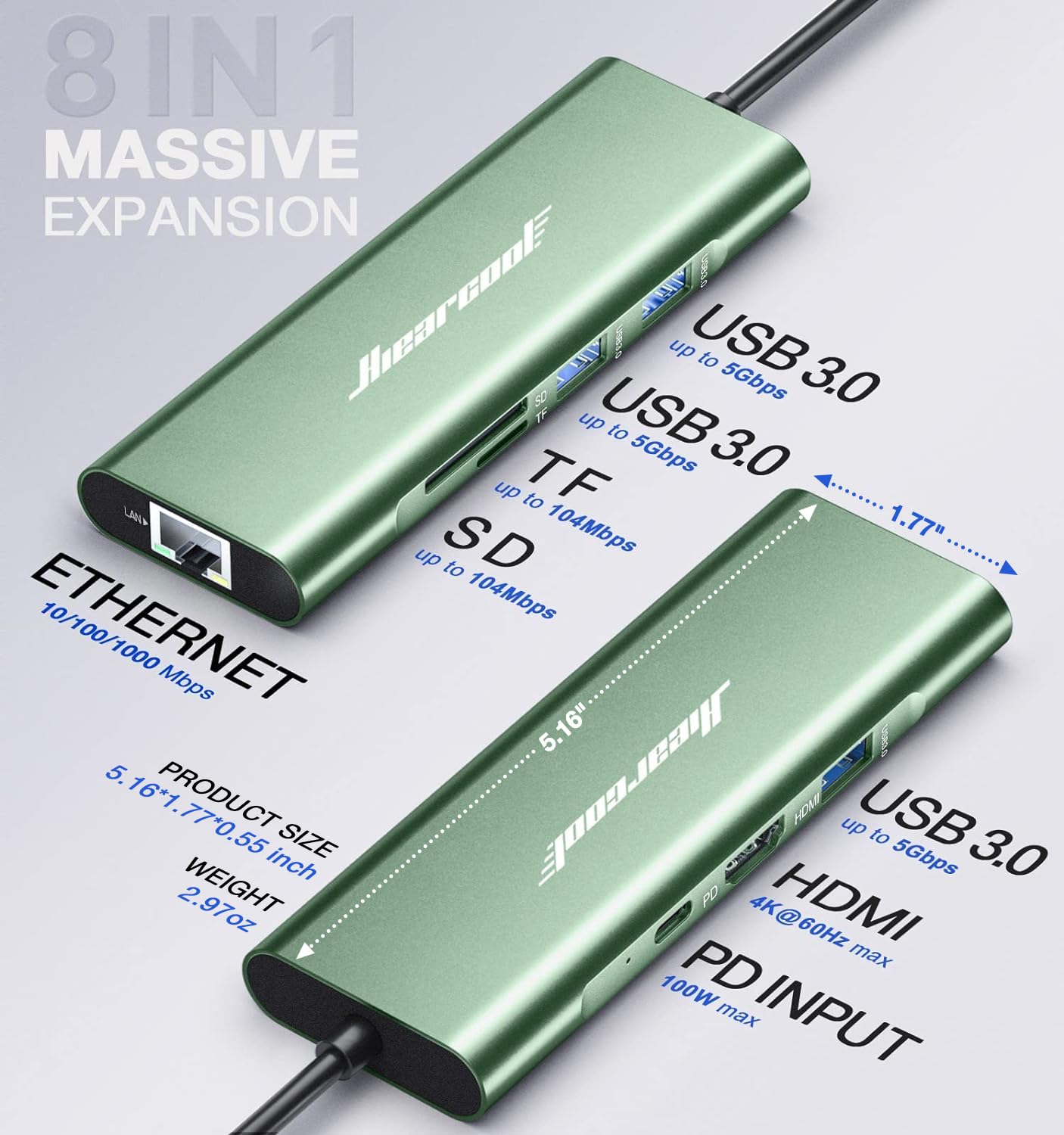 Foto 6 pulgar | Adaptador Multipuerto 8 En 1 Usb C Hub Hiearcool Con Ethernet 4k Hdmi - Venta Internacional.