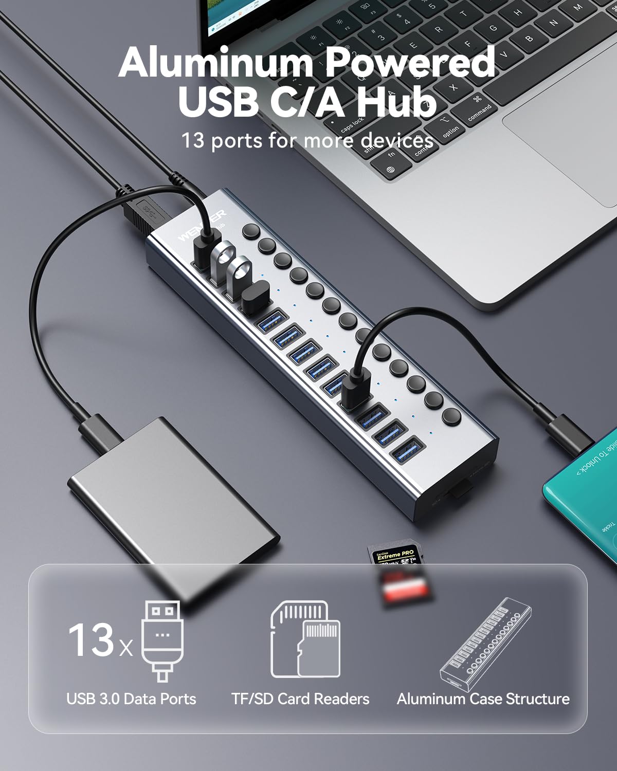Foto 3 pulgar | Hub Usb Wenter Con Alimentación Usb 3.0 De 13 Puertos Con Lector De Tarjetas Sd/tf - Venta Internacional.