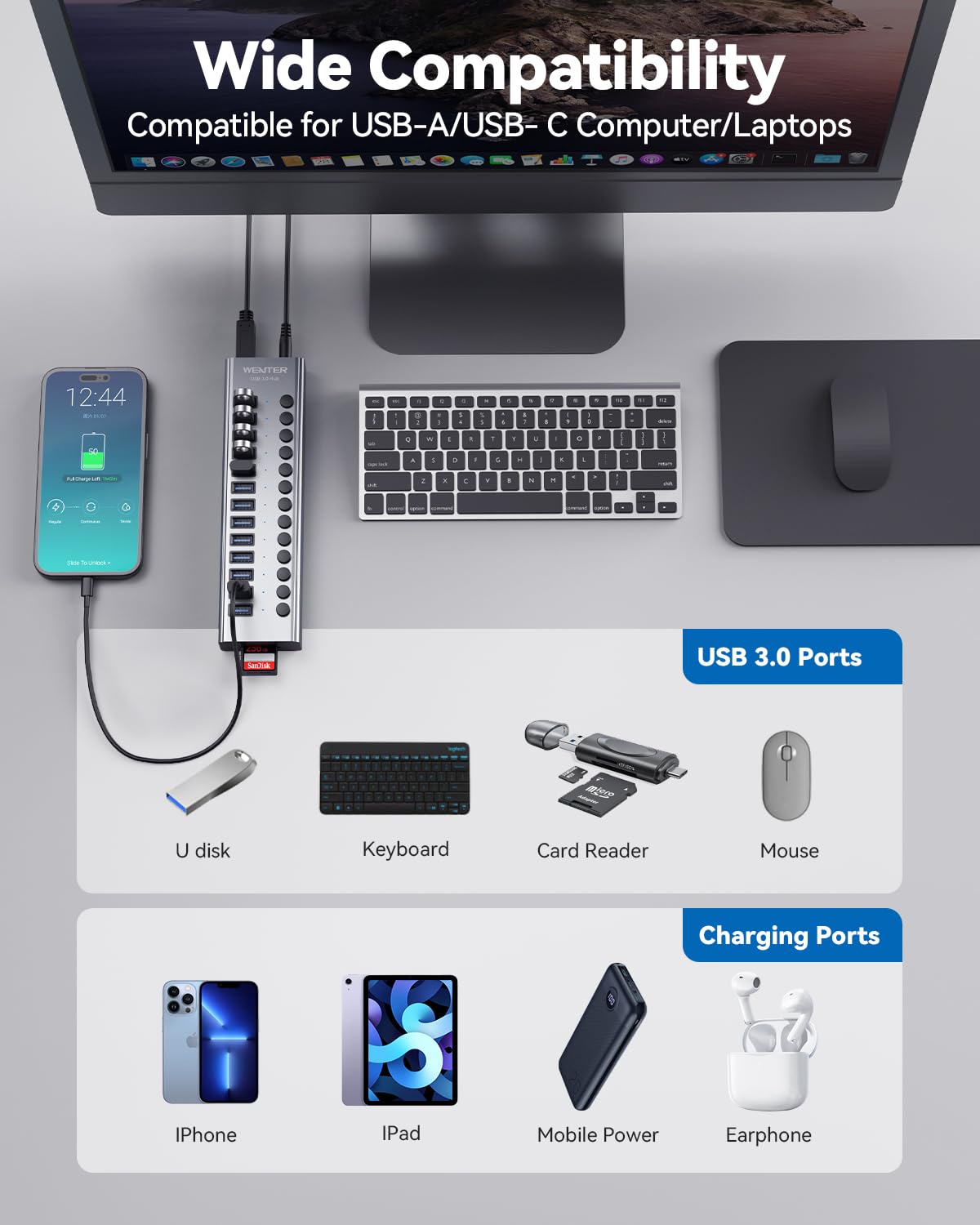 Foto 7 | Hub Usb Wenter Con Alimentación Usb 3.0 De 13 Puertos Con Lector De Tarjetas Sd/tf - Venta Internacional.