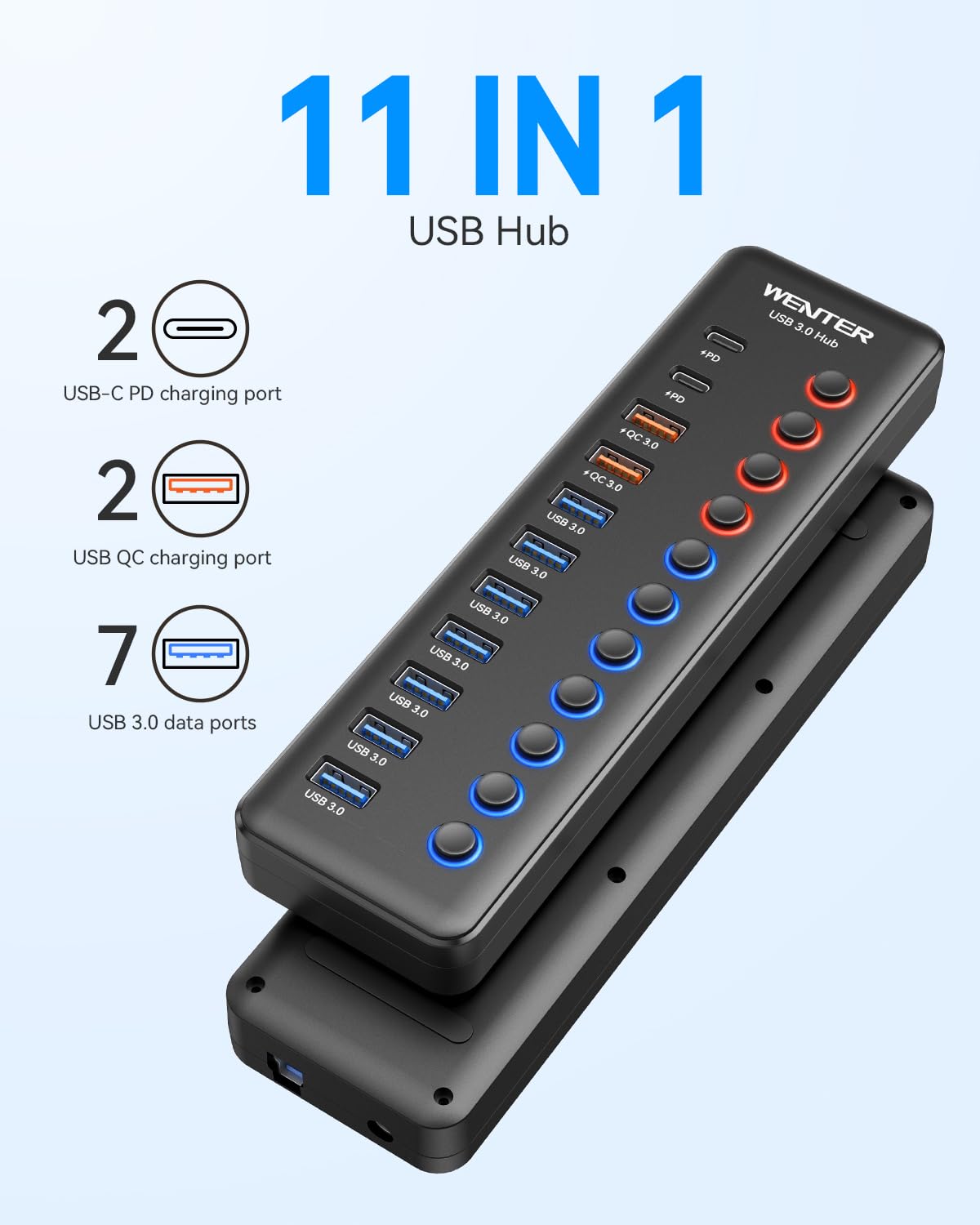 Foto 3 pulgar | Divisor Usb Hub Wenter Usb 3.0 De 11 Puertos Con 7 Puertos De Datos+4 Qc - Venta Internacional.