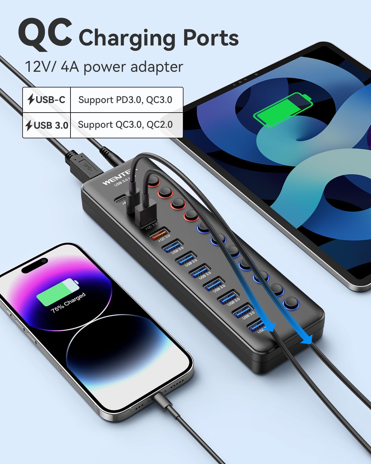 Foto 4 pulgar | Divisor Usb Hub Wenter Usb 3.0 De 11 Puertos Con 7 Puertos De Datos+4 Qc - Venta Internacional.