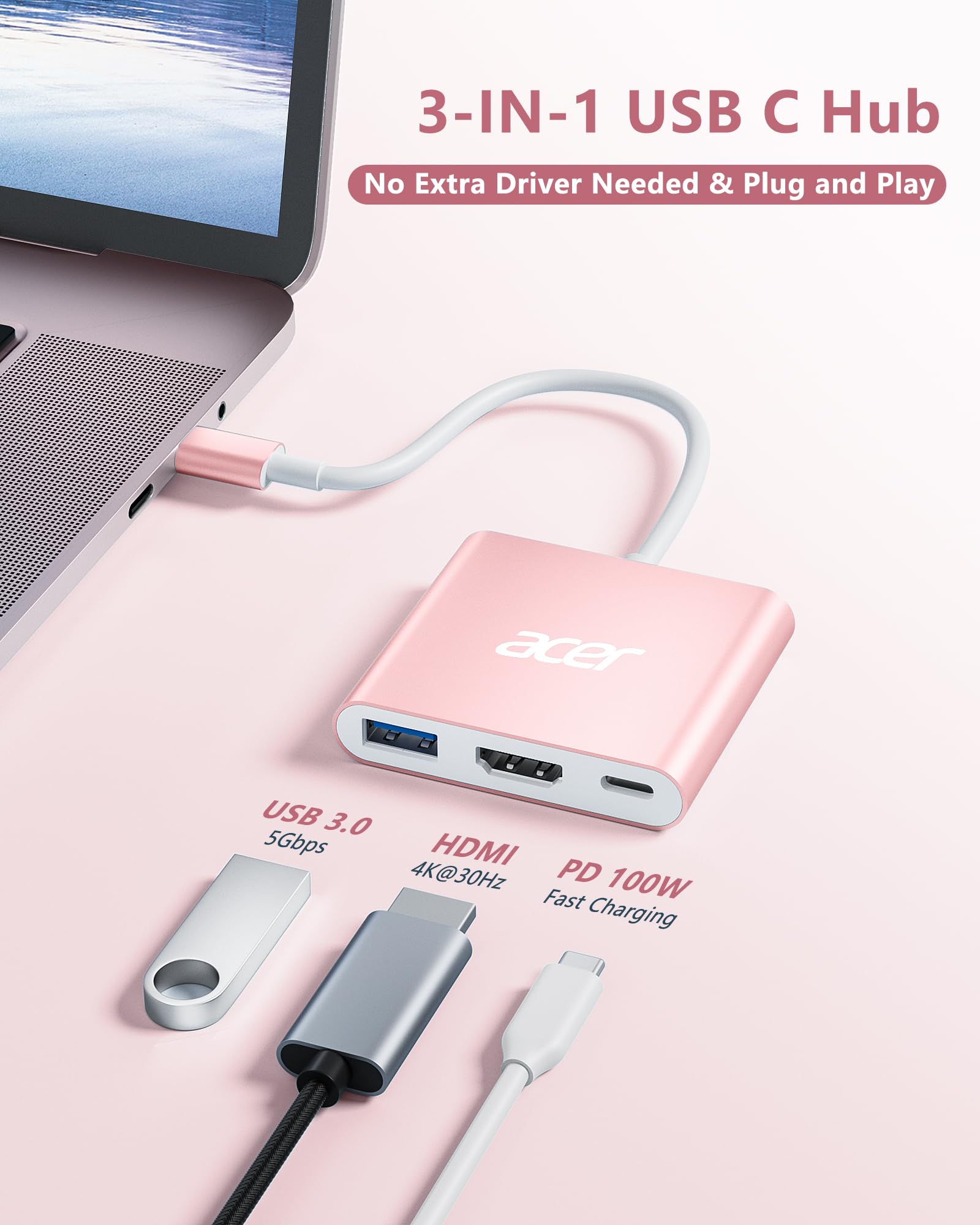 Foto 3 pulgar | Hub Usb C Acer 3 En 1 Usb C A Hdmi Con Usb 3.0 Pd De 5 Gbps De 100 W - Venta Internacional.
