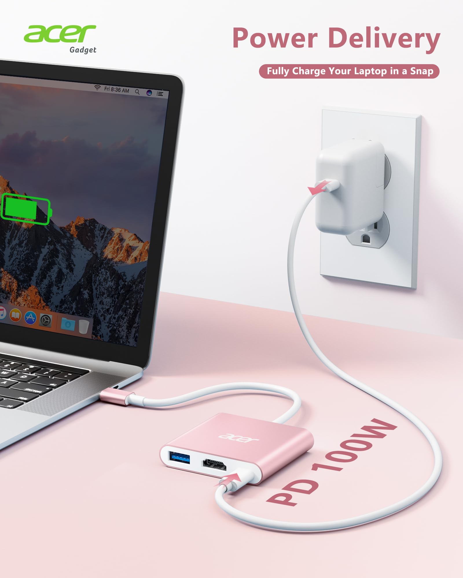 Foto 4 pulgar | Hub Usb C Acer 3 En 1 Usb C A Hdmi Con Usb 3.0 Pd De 5 Gbps De 100 W - Venta Internacional.