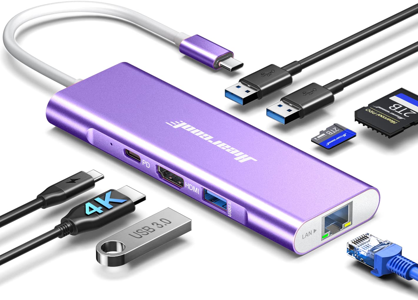 Adaptador Usb C Ethernet Dongle 4k @60hz Hdmi Multipuerto Morado - Venta Internacional.