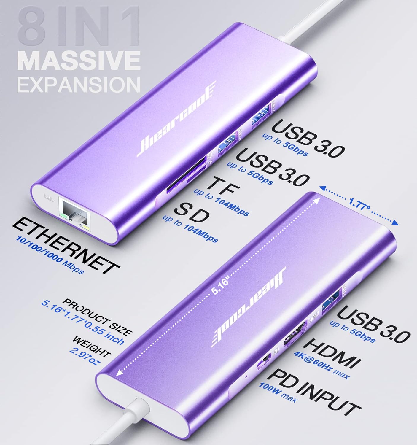Foto 6 pulgar | Adaptador Usb C Ethernet Dongle 4k @60hz Hdmi Multipuerto Morado - Venta Internacional.