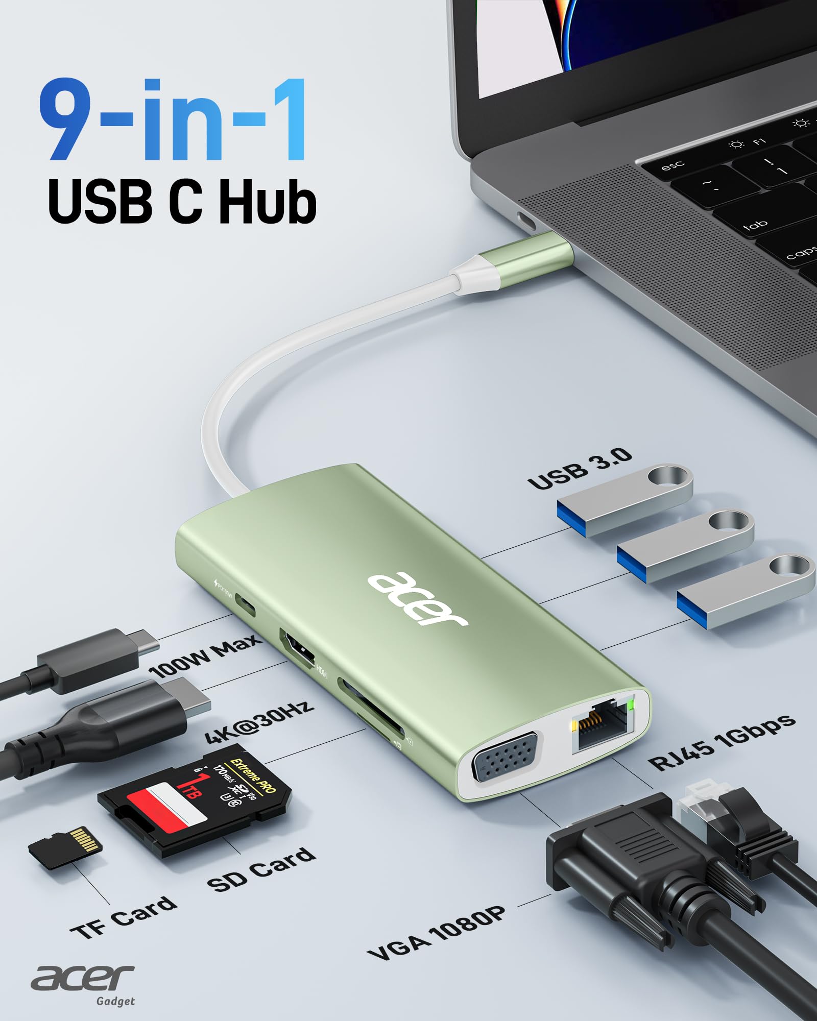 Foto 3 pulgar | Hub Usb C Acer 9 En 1 Con Hdmi 4k  Ethernet  Usb 3.0 De 5 Gbps  Verde - Venta Internacional.