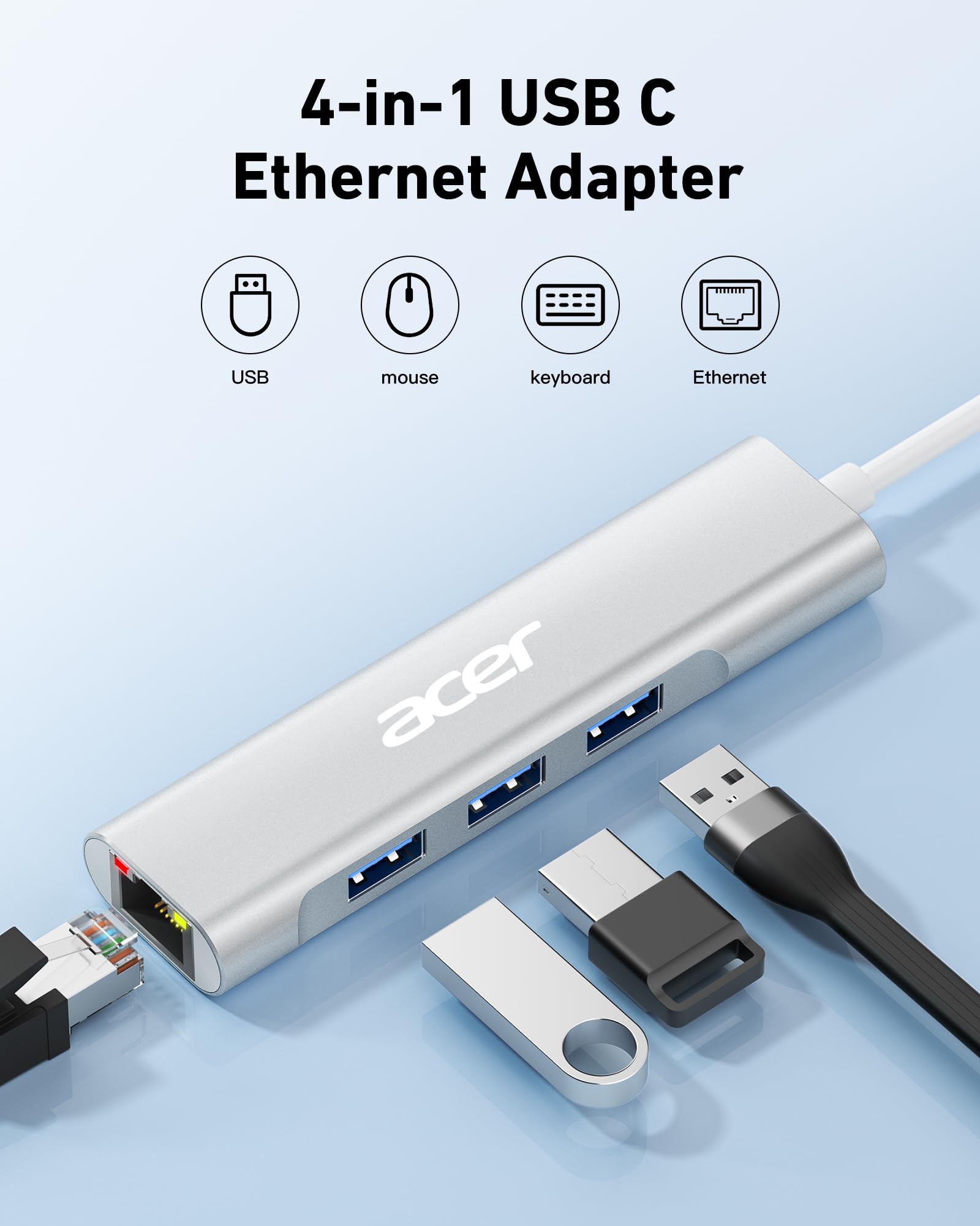 Foto 2 | Adaptador Usb C A Ethernet Hub 4 En 1 Gbps Para Portátil Acer - Venta Internacional.