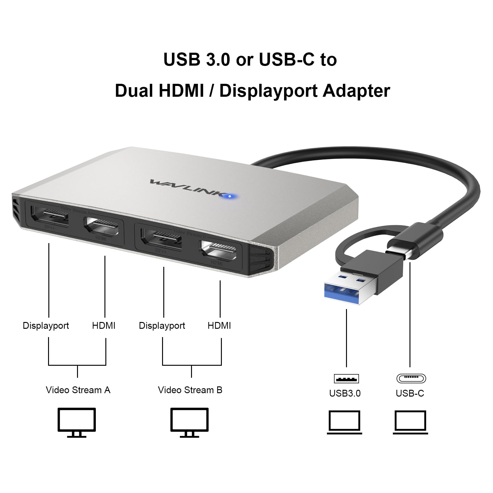 Foto 2 | Adaptador Dual Displayport/hdmi 4k Wavlink Usb C A Usb 3.0 - Venta Internacional.