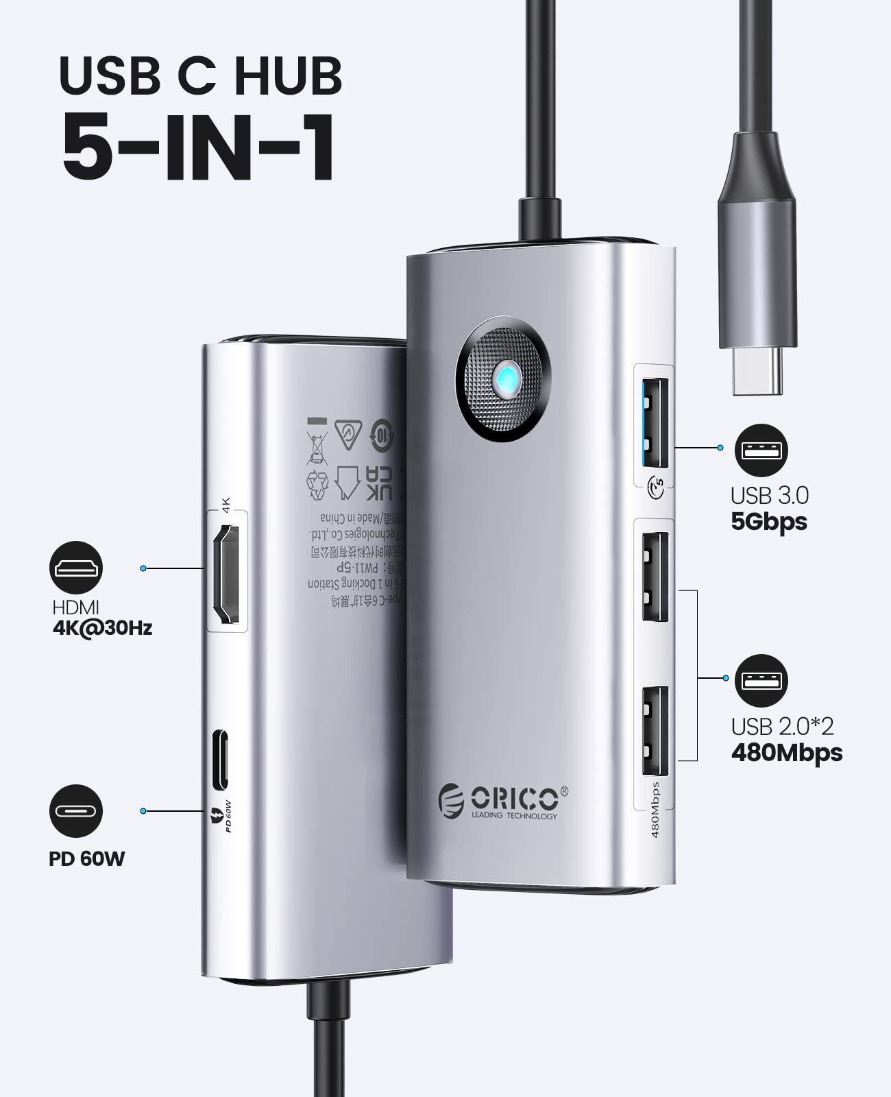 Foto 3 pulgar | Hub Usb C Orico 5 En 1 Con Hdmi 4k  Suministro De Energía De 60 W - Venta Internacional.