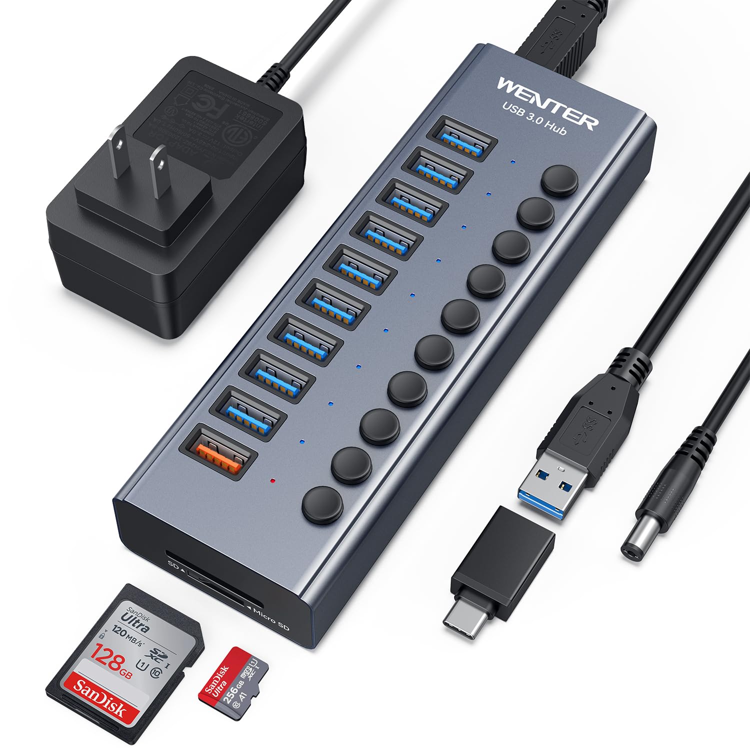 Hub Usb Wenter Powered 3.0 De 10 Puertos Con Lector De Tarjetas Sd/tf - Venta Internacional.