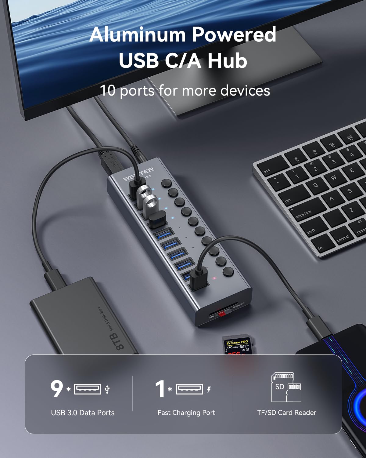 Foto 2 | Hub Usb Wenter Powered 3.0 De 10 Puertos Con Lector De Tarjetas Sd/tf - Venta Internacional.