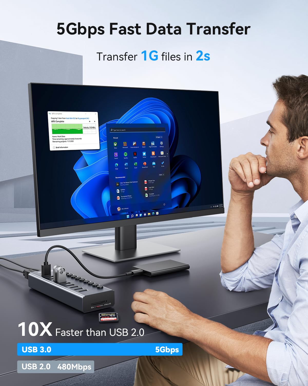 Foto 3 | Hub Usb Wenter Powered 3.0 De 10 Puertos Con Lector De Tarjetas Sd/tf - Venta Internacional.