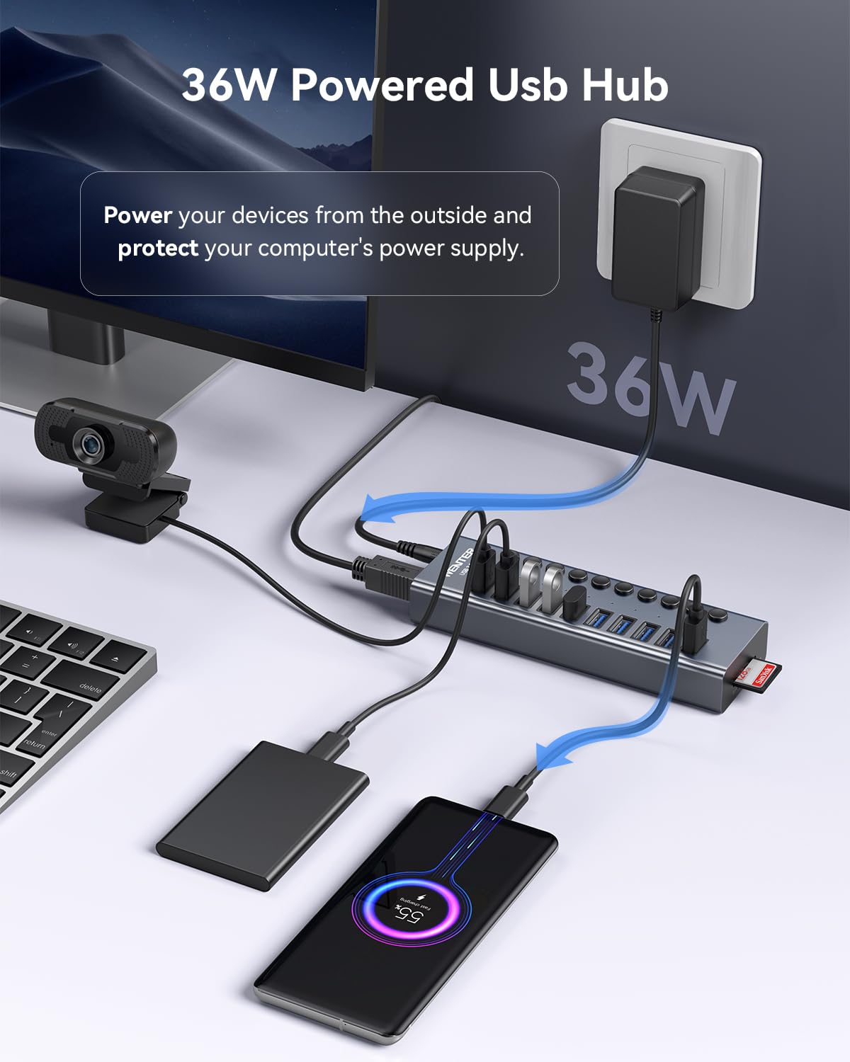 Foto 4 | Hub Usb Wenter Powered 3.0 De 10 Puertos Con Lector De Tarjetas Sd/tf - Venta Internacional.