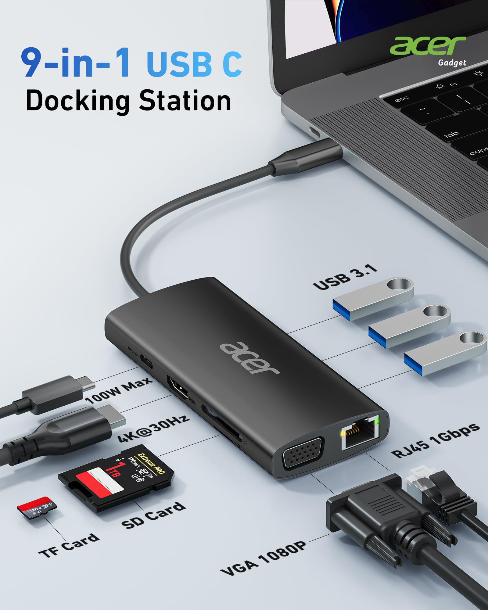 Foto 3 pulgar | Hub Usb C Acer 9 En 1 Con Hdmi 4k  Ethernet  Usb 3.0 De 5 Gbps  Negro - Venta Internacional.