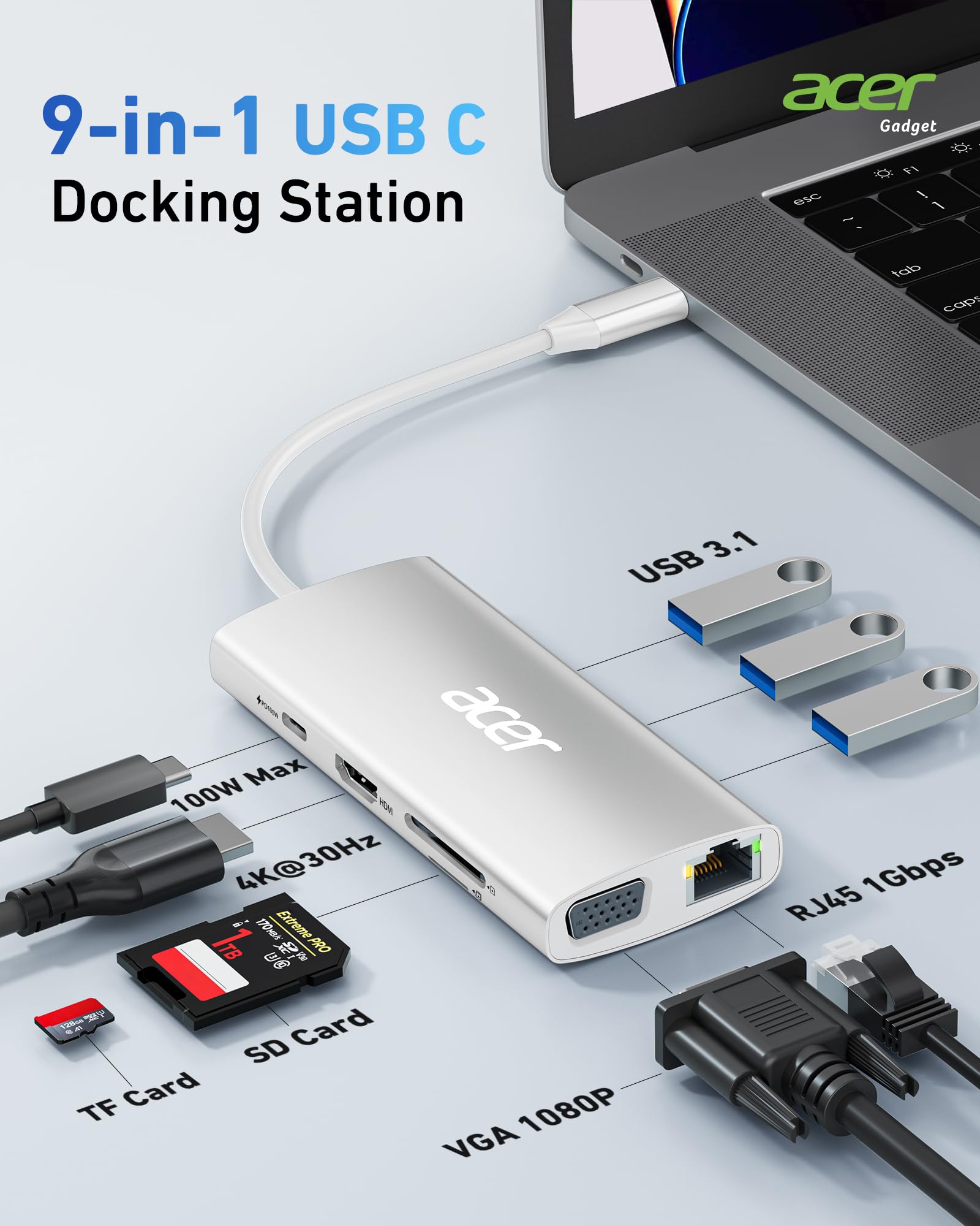 Foto 3 pulgar | Hub Usb C Acer 9 En 1 Con Hdmi 4k @30hz  Ethernet  Usb-a De 5 Gbps - Venta Internacional.