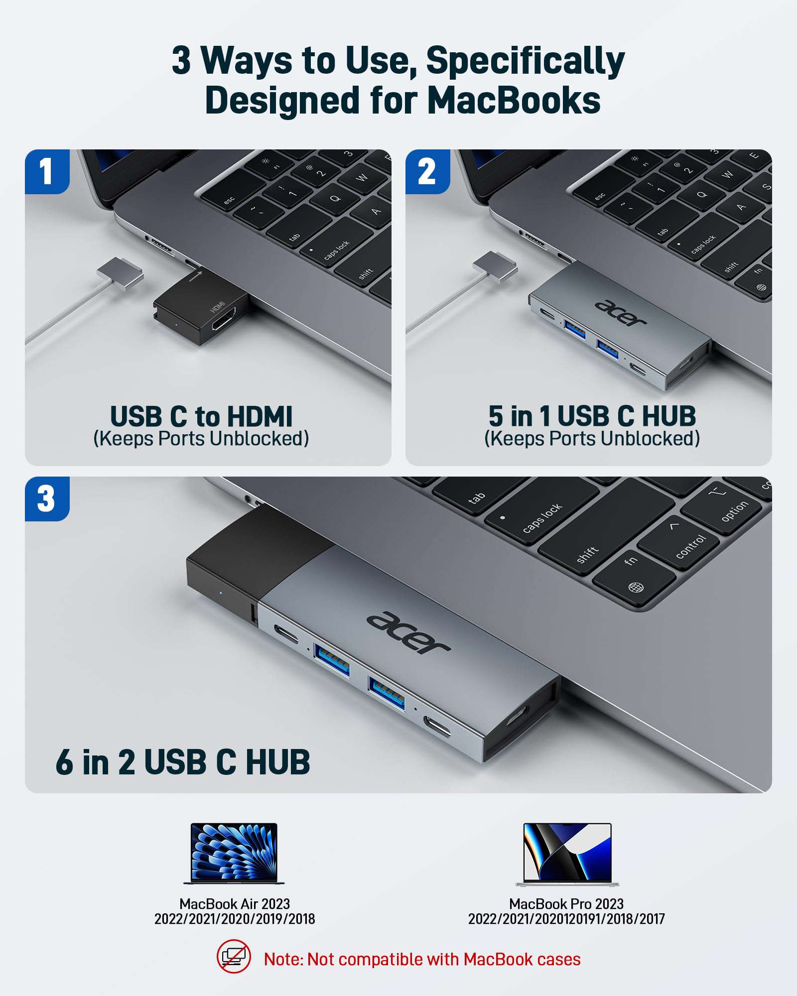 Foto 3 | Adaptador Multipuerto Usb C Acer Para Macbook Pro/air 6 En 2 Negro - Venta Internacional.