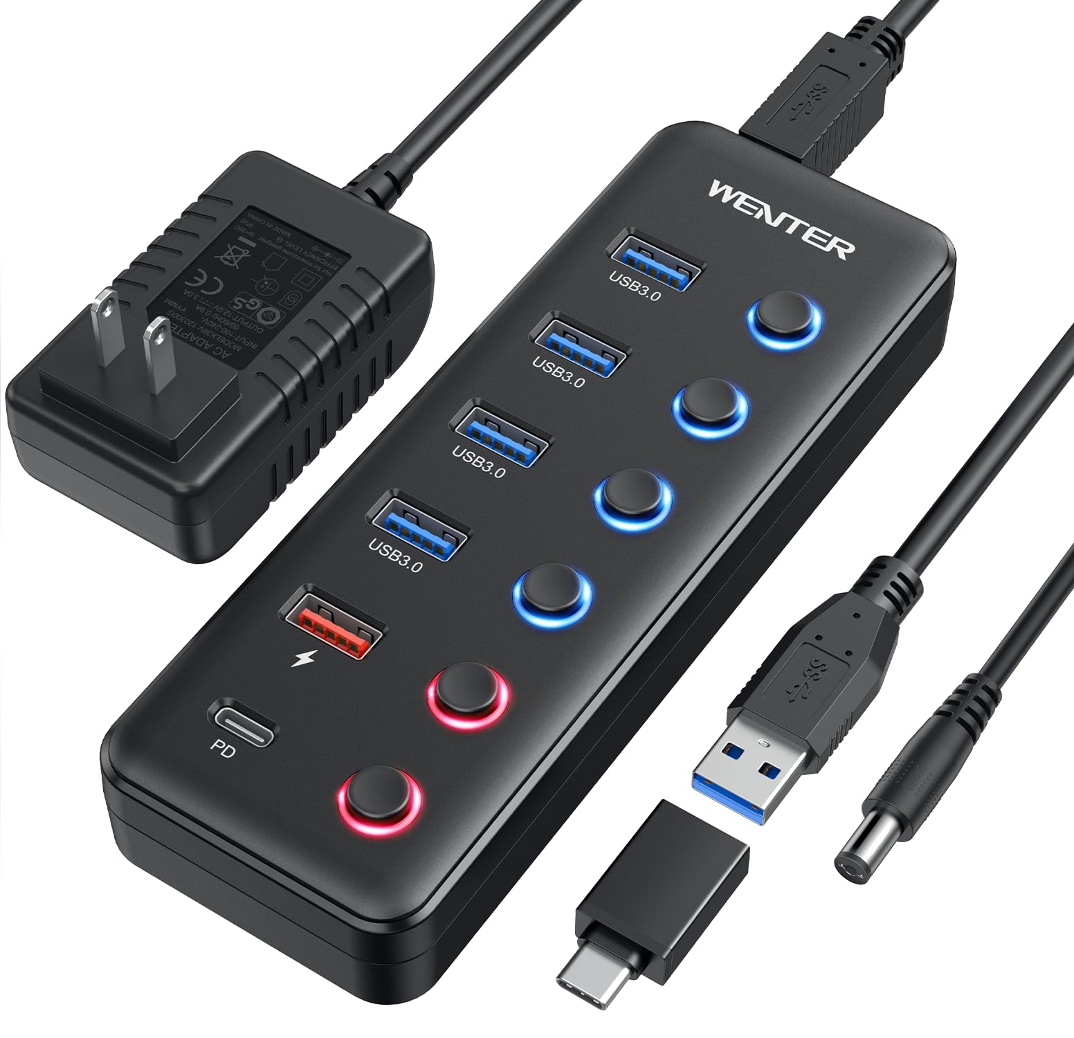Divisor Usb Hub Wenter Usb 3.0 De 6 Puertos Con 4 Puertos De Datos Y 2 De Carga - Venta Internacional.