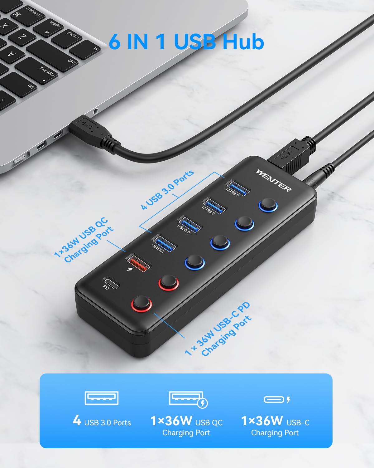 Foto 3 pulgar | Divisor Usb Hub Wenter Usb 3.0 De 6 Puertos Con 4 Puertos De Datos Y 2 De Carga - Venta Internacional.