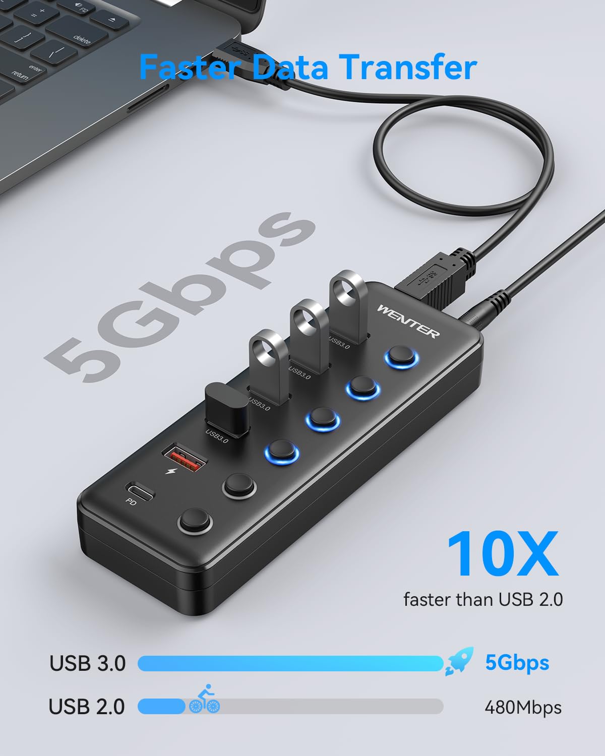 Foto 5 pulgar | Divisor Usb Hub Wenter Usb 3.0 De 6 Puertos Con 4 Puertos De Datos Y 2 De Carga - Venta Internacional.