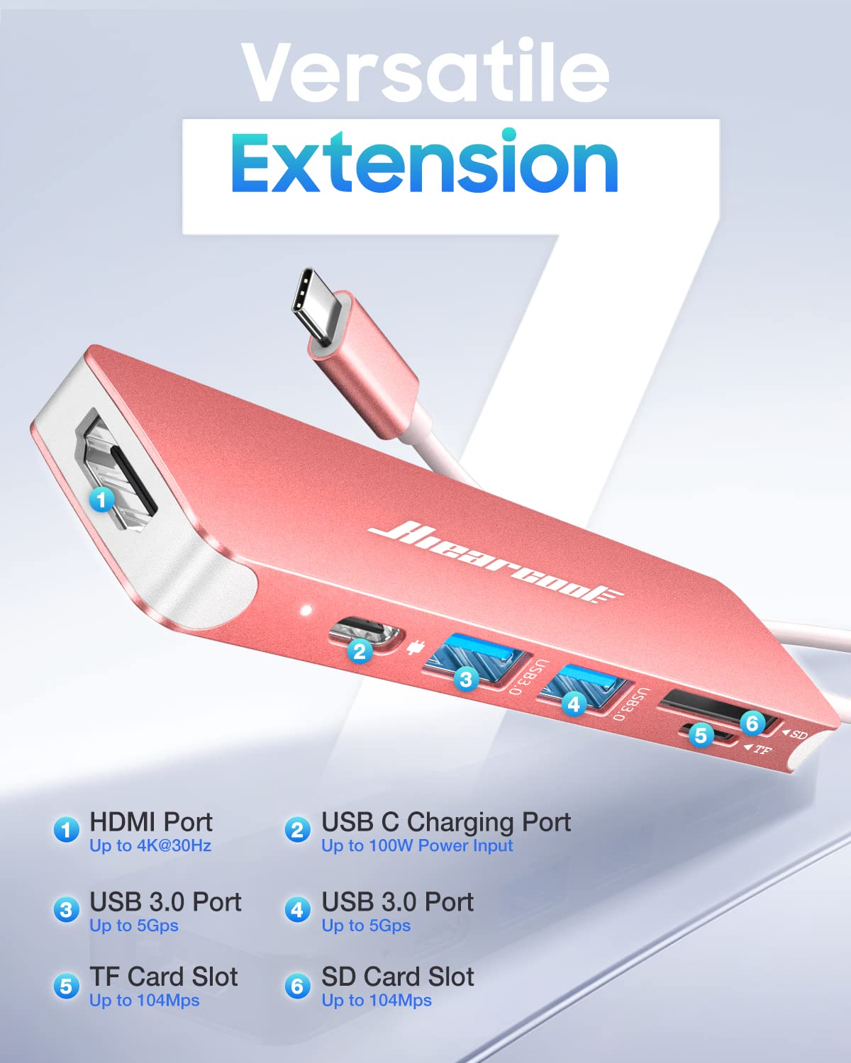 Foto 3 pulgar | Hub Usb C Hiearcool 7 En 1 Con Hdmi 4k  Usb 3.0  Sd/tf  Oro Rosa - Venta Internacional.