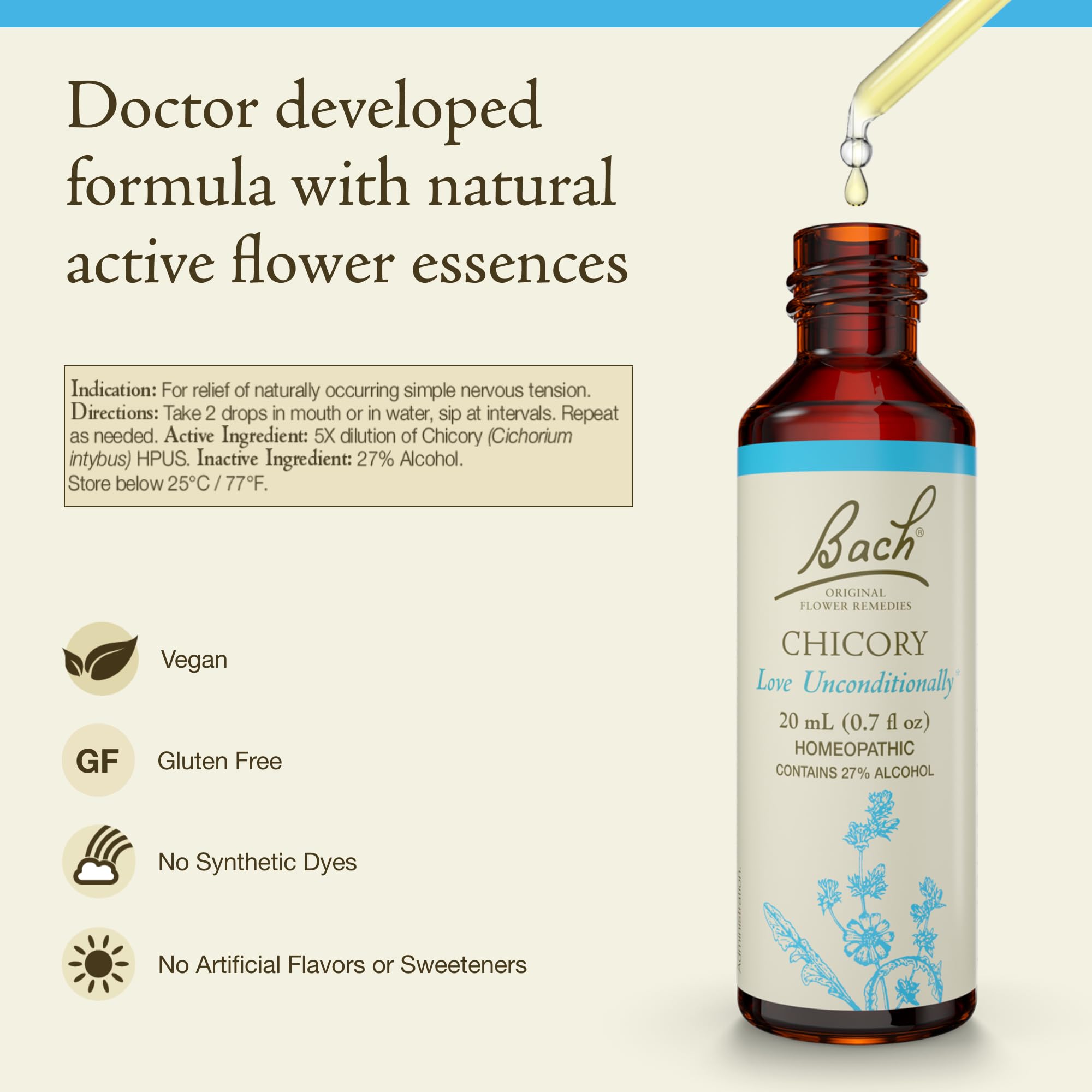 Foto 2 | Esencia Floral De Achicoria Original De Bach  20 Ml  Vegana  Sin Gluten - Venta Internacional.