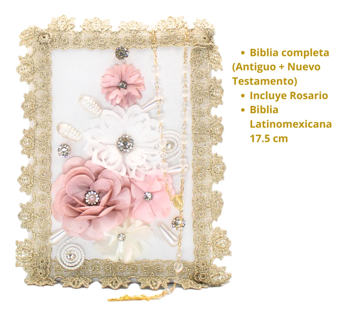 Foto 3 | Kit Primera Comunión Vela Biblia Rosario Flor Tejida Blanca