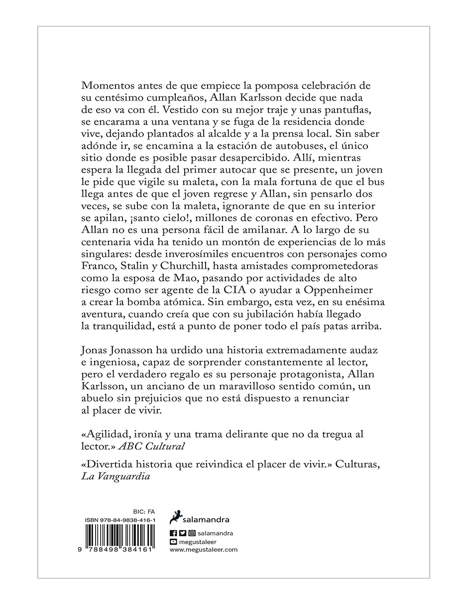 Foto 3 pulgar | El Abuelo Que Saltó Por La Ventana Y Se Largó, Editorial Salamandra Autor Jonas Jonasson