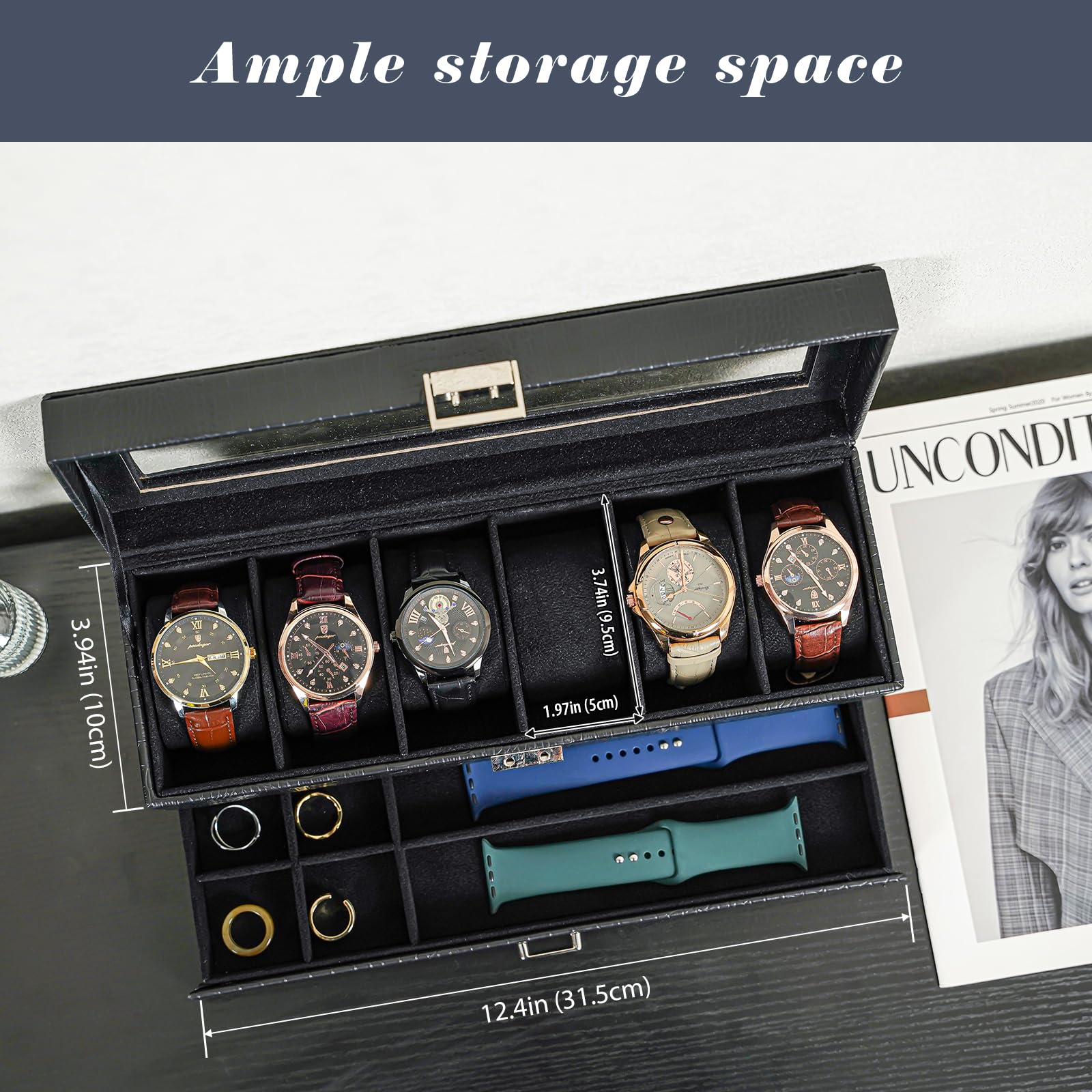 Foto 3 | Estuche Expositor Para Relojes Watch Box Procase De 6 Ranuras Con Cajón Tipo Lagarto - Venta Internacional.