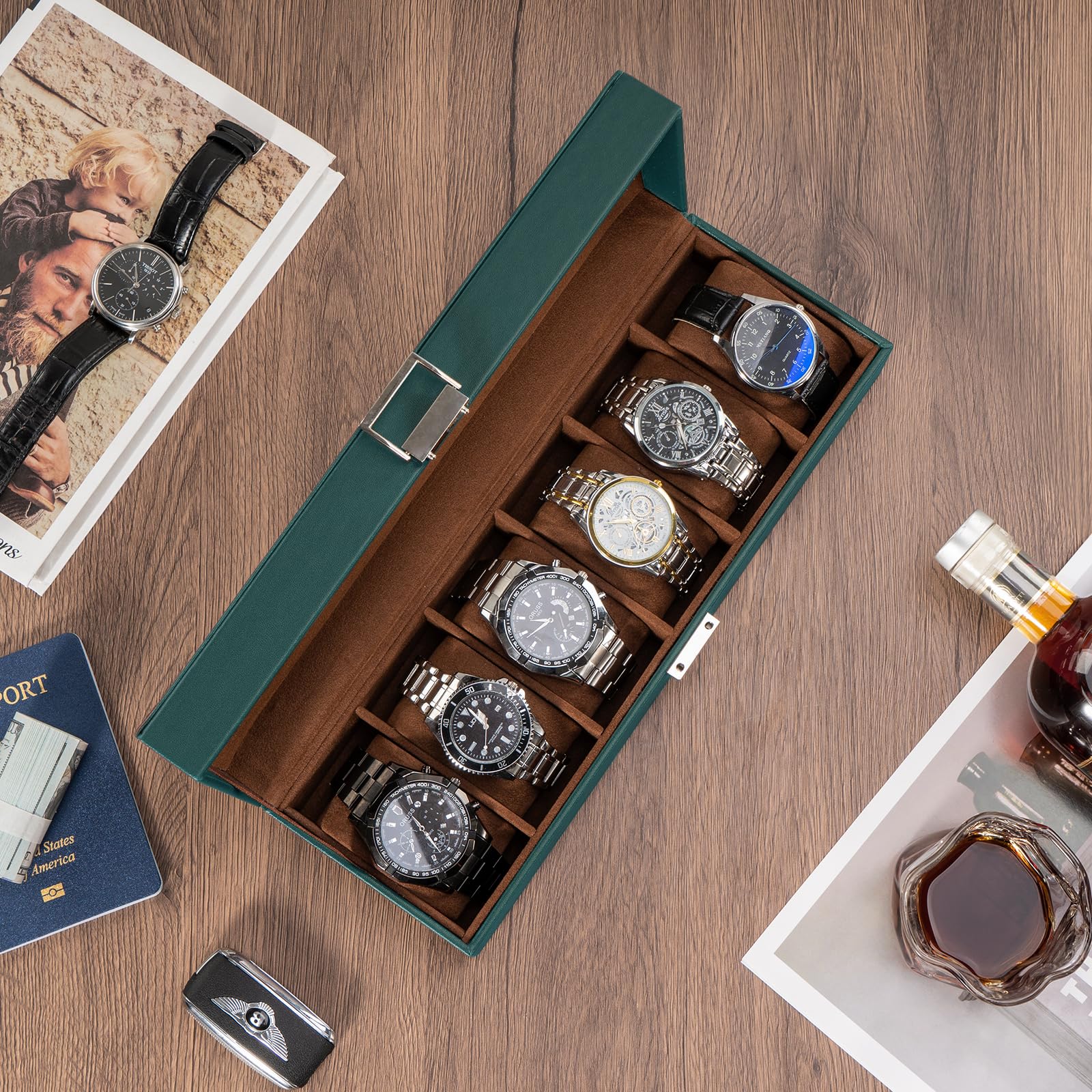Foto 2 | Watch Box Procase De 6 Ranuras Para Hombre Con Tapa De Cristal, Color Verde Medianoche - Venta Internacional.