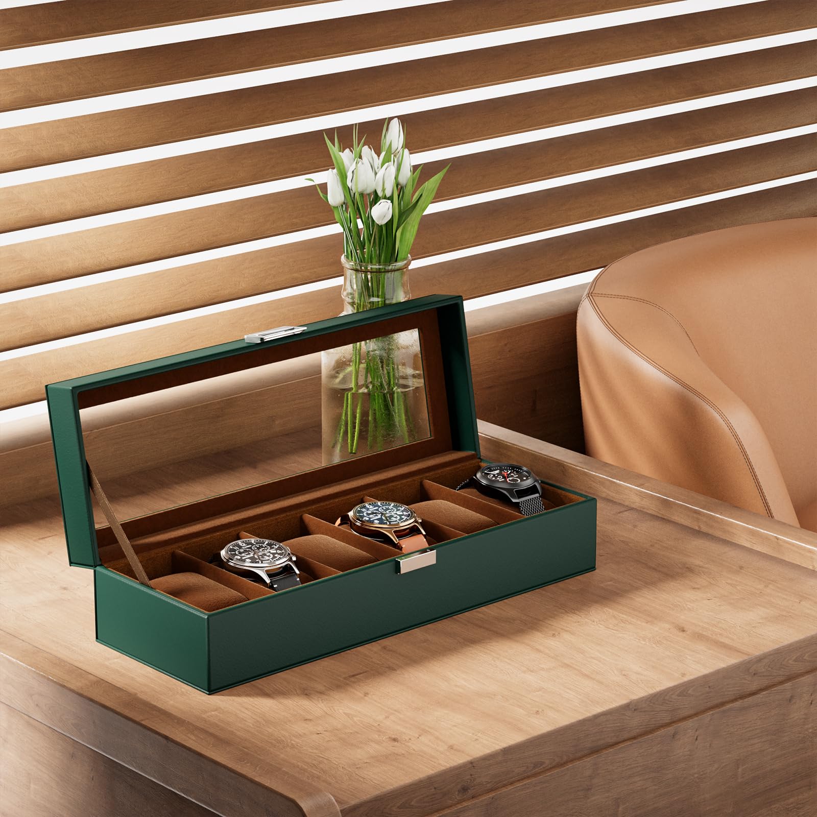 Foto 7 | Watch Box Procase De 6 Ranuras Para Hombre Con Tapa De Cristal, Color Verde Medianoche - Venta Internacional.