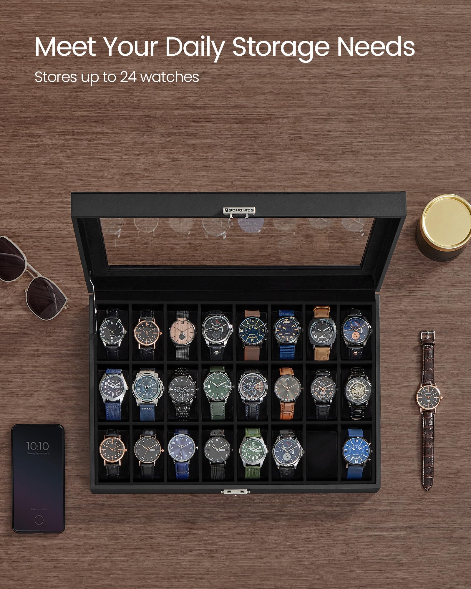 Foto 4 pulgar | Watch Box Songmics Con Cierre De 24 Ranuras Y Tapa De Cristal, Color Negro - Venta Internacional.