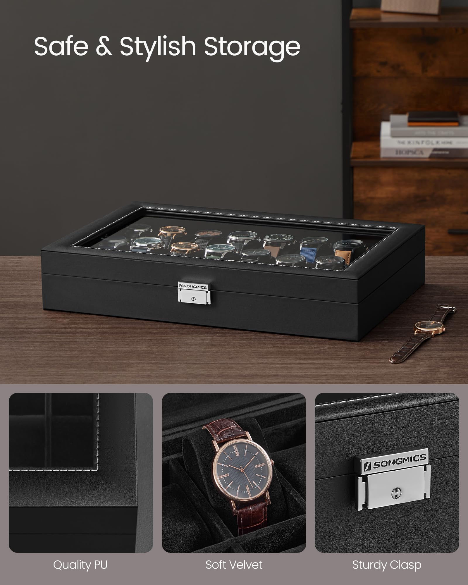 Foto 5 pulgar | Watch Box Songmics Con Cierre De 24 Ranuras Y Tapa De Cristal, Color Negro - Venta Internacional.