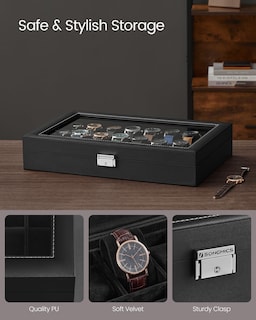 Foto 4 | Watch Box Songmics Con Cierre De 24 Ranuras Y Tapa De Cristal, Color Negro - Venta Internacional.