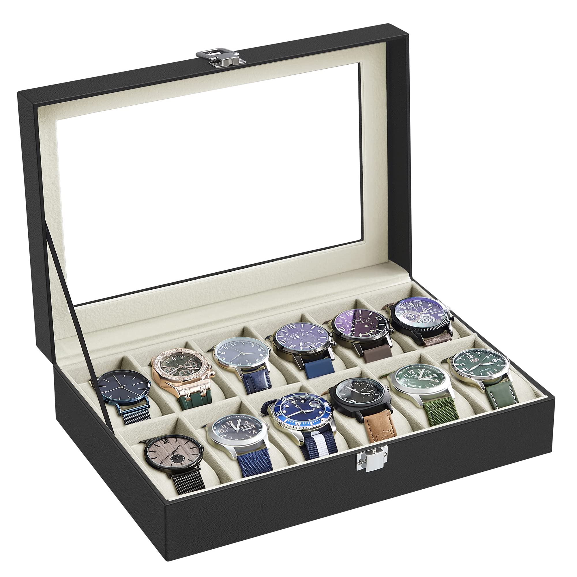Foto 2 pulgar | Watch Box Songmics De 12 Ranuras Con Tapa De Cristal Y Cojines Para Relojes - Venta Internacional.